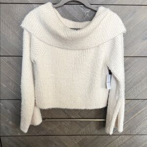 Off-the-Shoulder Fuzzy Knit Sweater in Cream